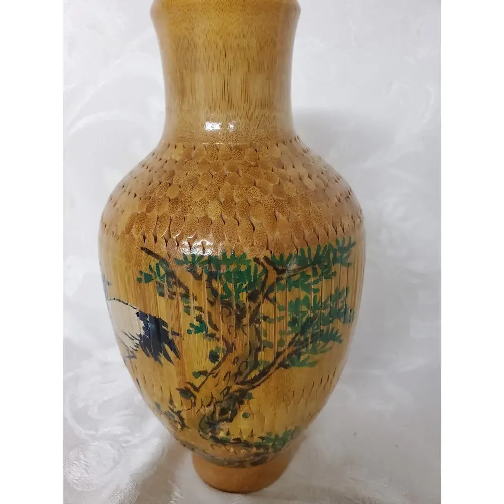 Vintage Chinese Porcelain Crane Vase Covered Intricately Woven Bamboo Rattan